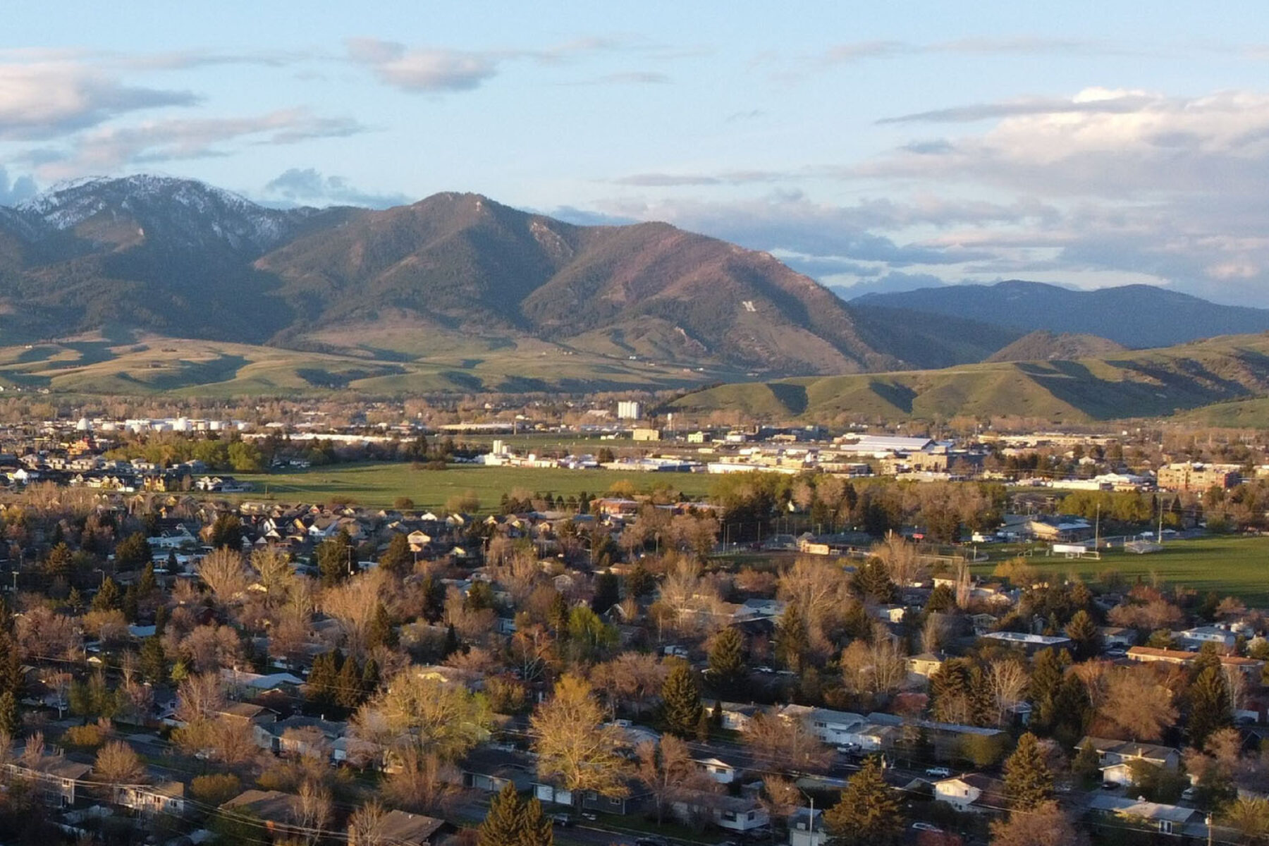 Aerial view of Bozeman, Montana, with the Bridger Mountains in the background