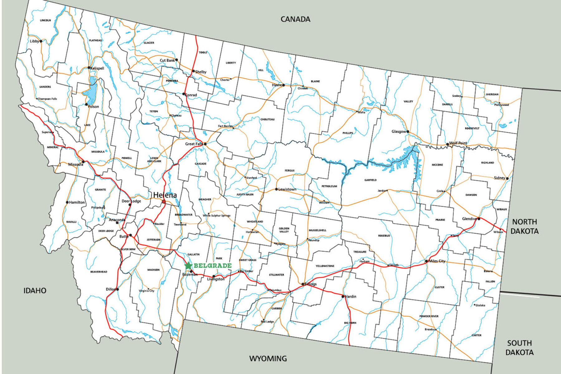 Map of Montana, showing Belgrade in the southwest